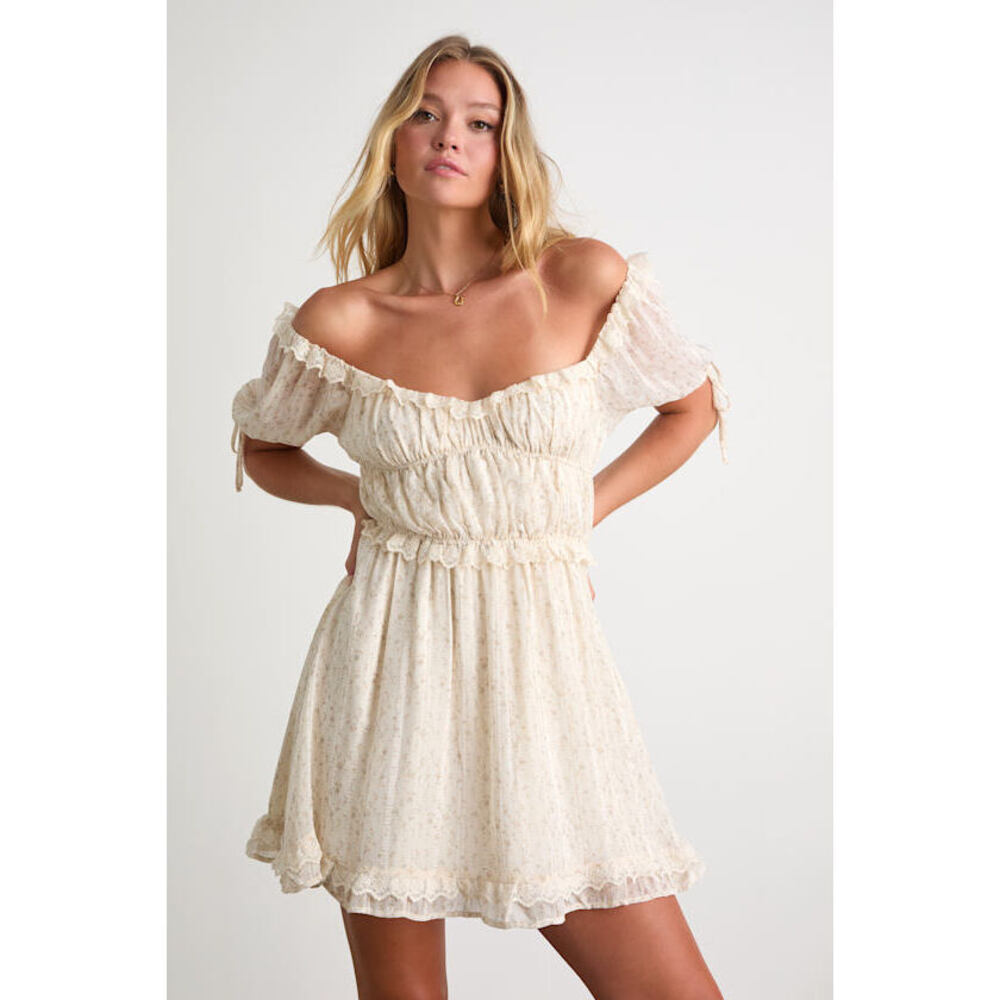 Lulus Adoring Moment Ivory Floral Lace Ruffled Puff Sleeve Mini Dress White